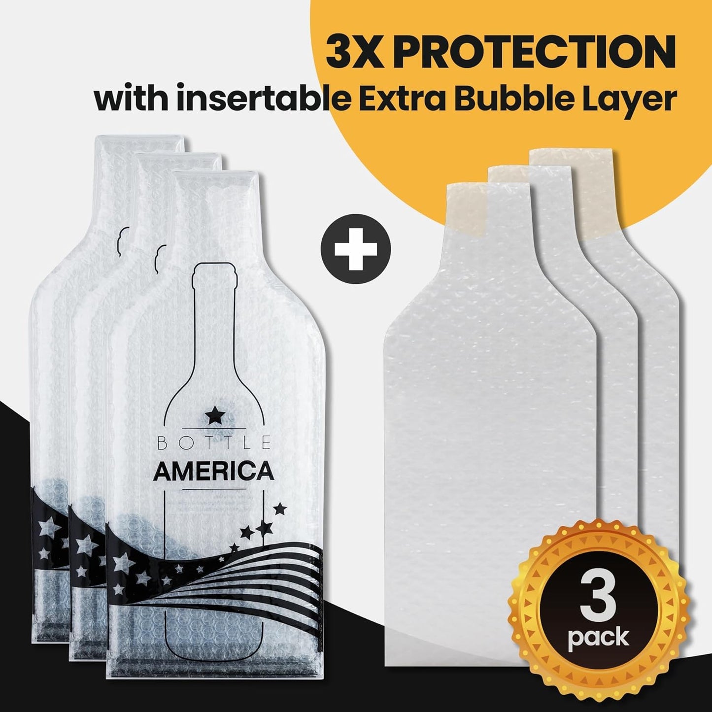 Bottle America | Reusable Wine Travel Protector Sleeves for Glass Bottles | Impact & Leak Resistant | Carrier Bag Luggage | Airplane Cruise Car | Gift Holiday Vacation Party | 3 Pack w/3 Bubble Wraps