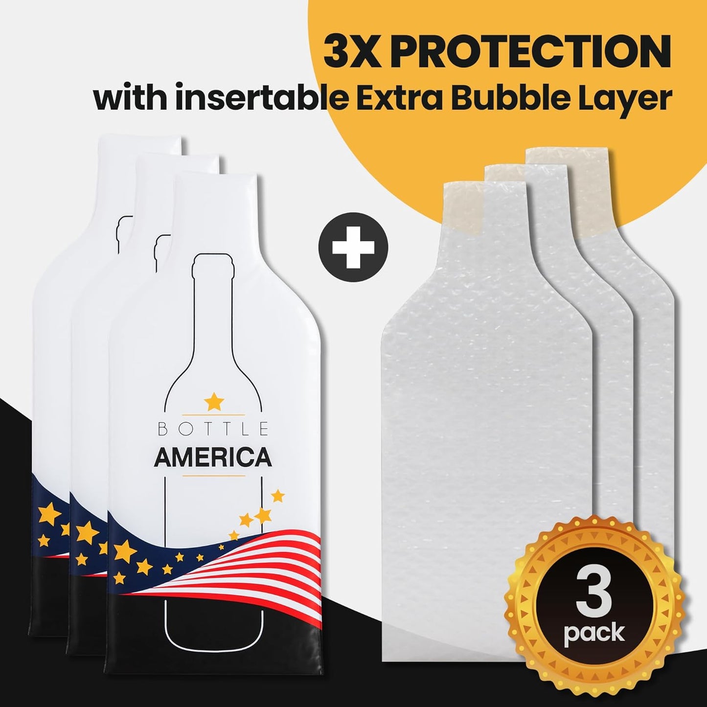 Bottle America | Reusable Wine Travel Protector Sleeves for Glass Bottles | Impact & Leak Resistant | Carrier Bag Luggage | Airplane Cruise Car | Gift Holiday Vacation Party | 3 Pack w/3 Bubble Wraps
