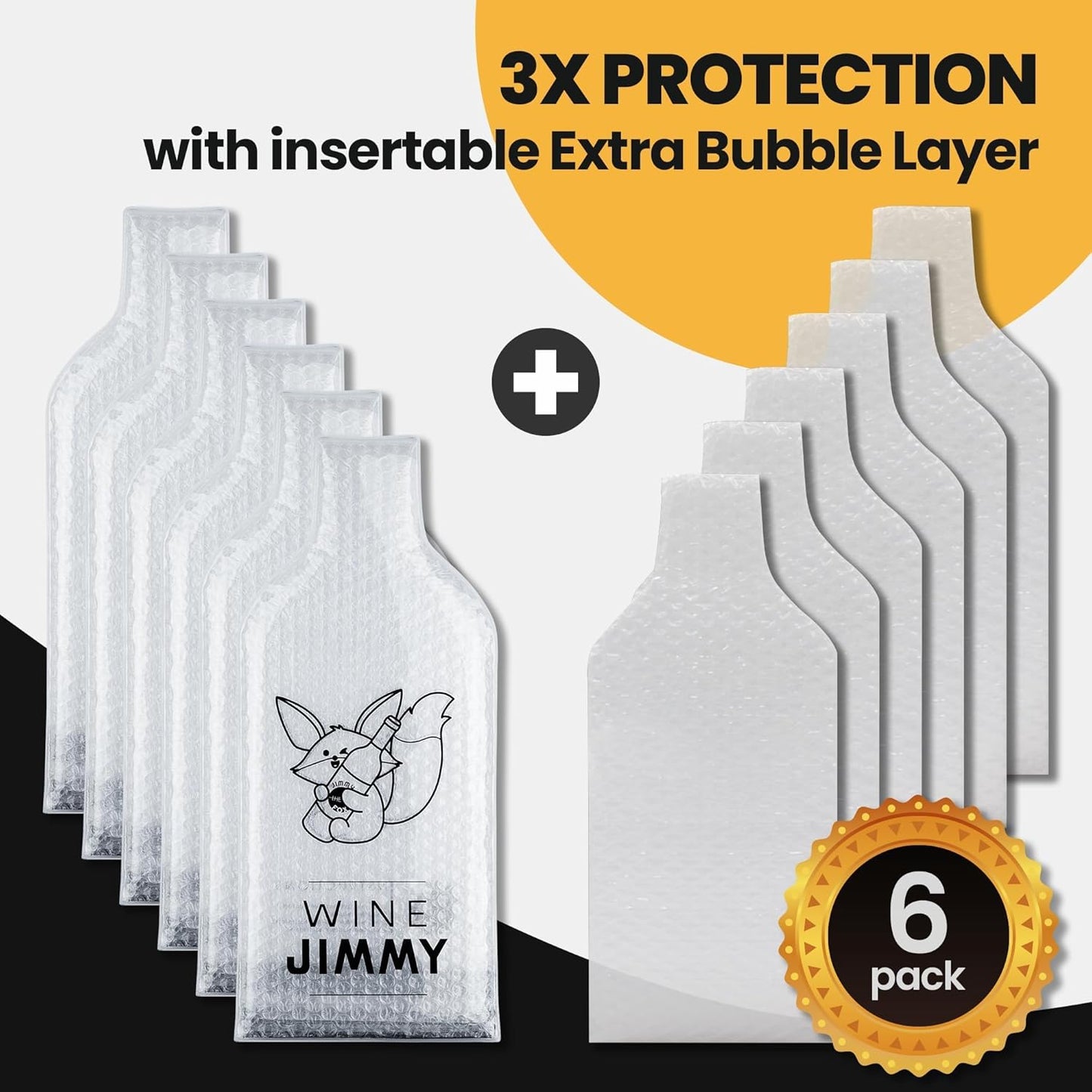 Wine Jimmy | Reusable Wine Travel Protector Sleeves for Glass Bottles | Impact & Leak Resistant | Carrier Bag Luggage | Airplane Cruise Car | Gift Holiday Vacation Party | 6 Pack w/6 Bubble Wraps