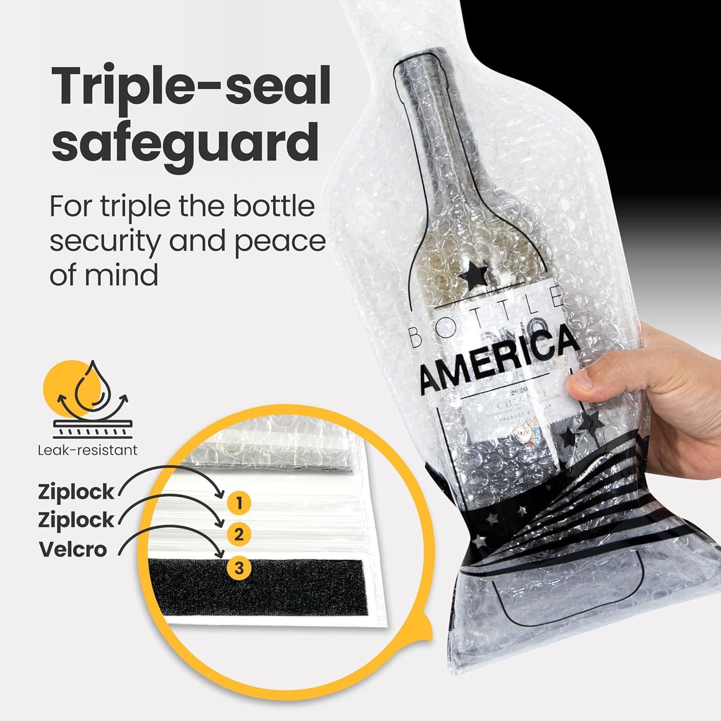 Bottle America | Reusable Wine Travel Protector Sleeves for Glass Bottles | Impact & Leak Resistant | Carrier Bag Luggage | Airplane Cruise Car | Gift Holiday Vacation Party | 3 Pack w/3 Bubble Wraps