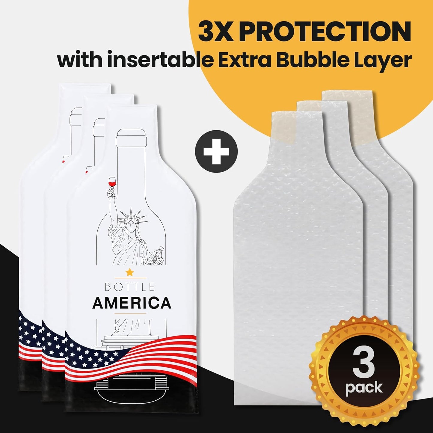 Bottle America Liberty| Reusable Wine Travel Protector Sleeves for Glass Bottles | Impact & Leak Resistant | Carrier Bag Luggage | Airplane Cruise Car | Gift Holiday Vacation Party | 3 Pack w/3 Bubble Wraps (Copy)