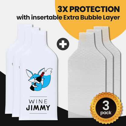 Wine Jimmy | Reusable Wine Travel Protector Sleeves for Glass Bottles | Impact & Leak Resistant | Carrier Bag Luggage | Airplane Cruise Car | Gift Holiday Vacation Party | 3 Pack w/3 Bubble Wraps