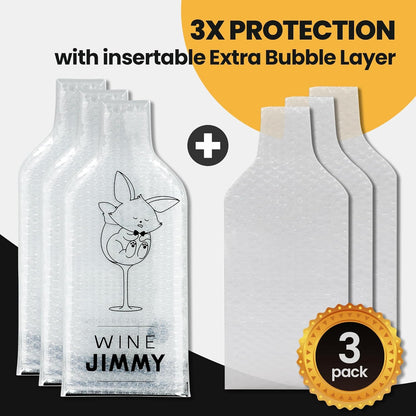 Wine Jimmy | Reusable Wine Travel Protector Sleeves for Glass Bottles | Impact & Leak Resistant | Carrier Bag Luggage | Airplane Cruise Car | Gift Holiday Vacation Party | 3 Pack w/3 Bubble Wraps