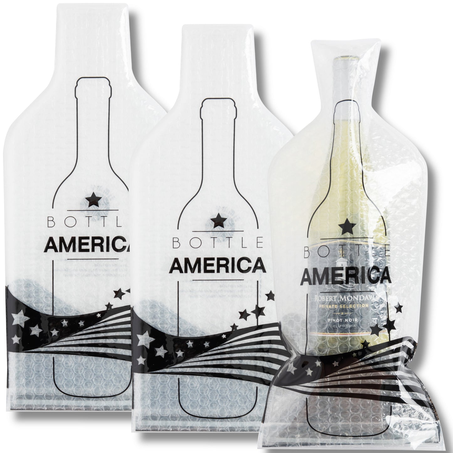 Bottle America | Reusable Wine Travel Protector Sleeves for Glass Bottles | Impact & Leak Resistant | Carrier Bag Luggage | Airplane Cruise Car | Gift Holiday Vacation Party | 3 Pack w/3 Bubble Wraps